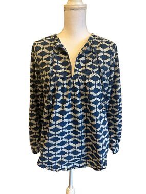 J. Crew Women’s 6 Blue Print 100% Cotton V Neck Tunic Blouse W/ Drawstrings Neck